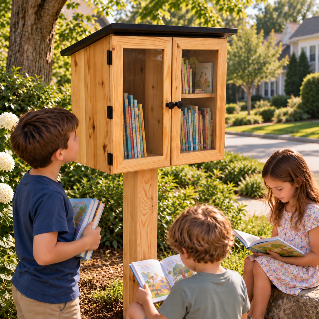 Three children reading books around an LFL1 outdoor library.