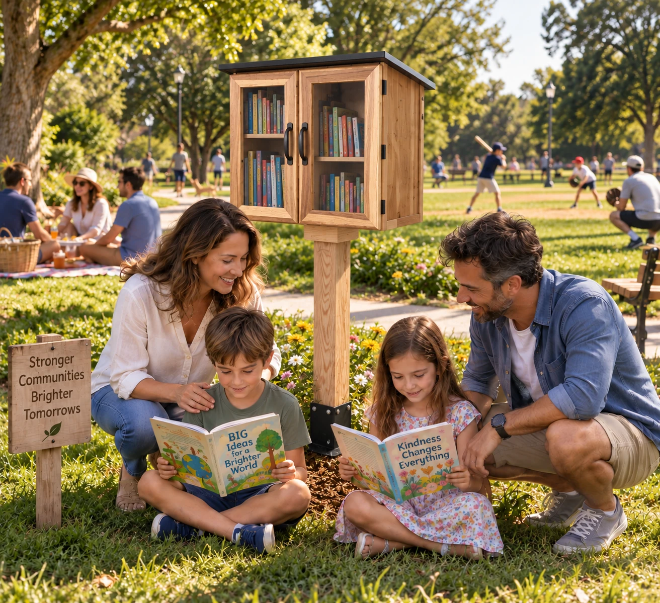 Model B — Acacia A family reading together beside a SYLBRAY LFL2 library in a park.