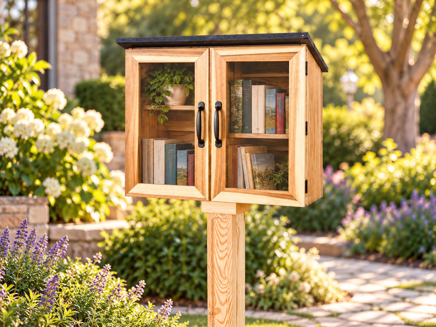 LFL2 wooden book-sharing library with two clear doors and dark handles, on a wooden post in a sunlit garden.