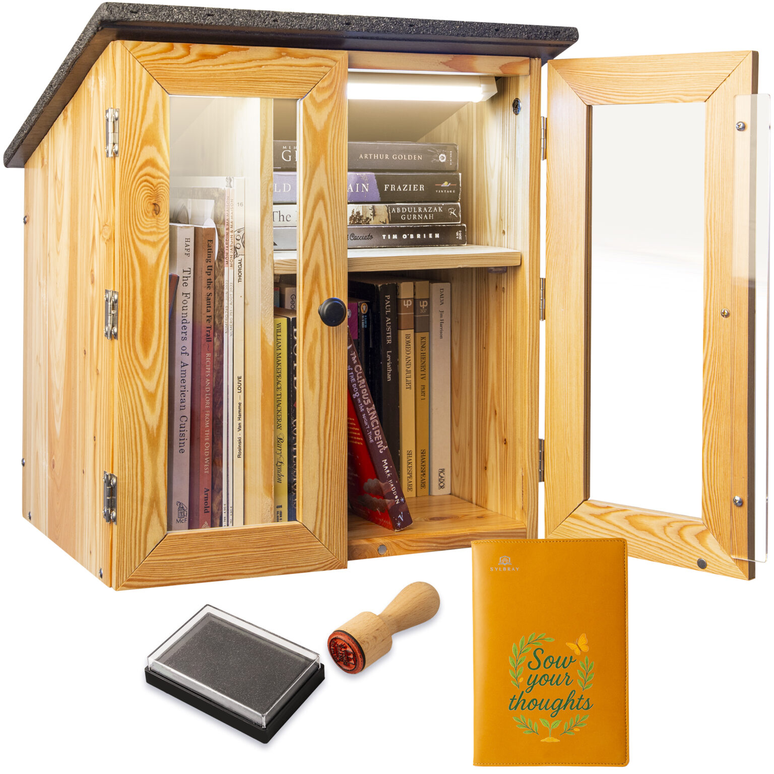 Complete LFL1 cabinet with one door open, LED lighting, guestbook, stamp and ink pad.